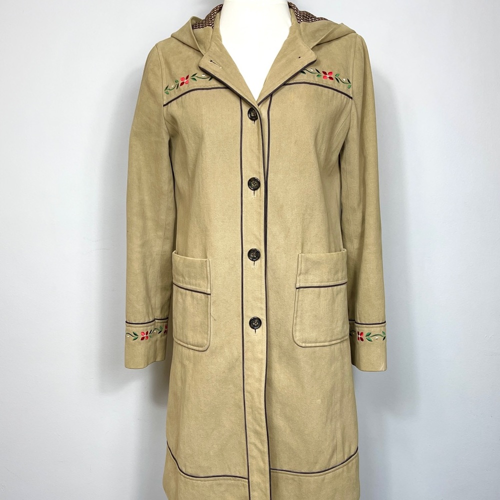 Vintage 1990s Floral Embroidered Camel Colored Coat with Hoodie Size Small - Picture 3 of 12